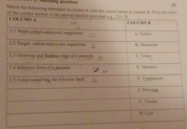 Matching questions 5|
Match the following statement in column A with the correct terms in colums B. Write the latter
of t