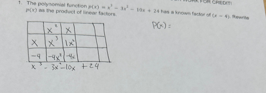 ORK FOR CREDIT!
1. The polynomial function p(x)=x^3-3x^2-10x+24 has a known factor of (x-4). Rewrite
p(x) as the product of linear factors.