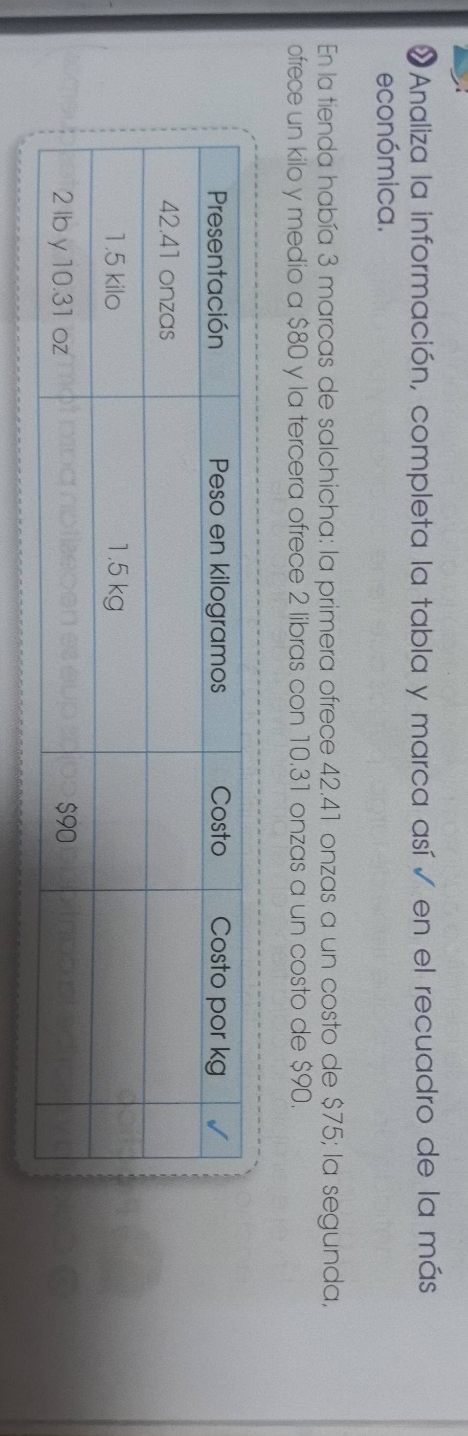 «Analiza la información, completa la tabla y marca así ✓ en el recuadro de la más 
económica. 
En la tienda había 3 marcas de salchicha: la primera ofrece 42.41 onzas a un costo de $75; la segunda, 
ofrece un kilo y medio a $80 y la tercera ofrece 2 libras con 10.31 onzas a un costo de $90.