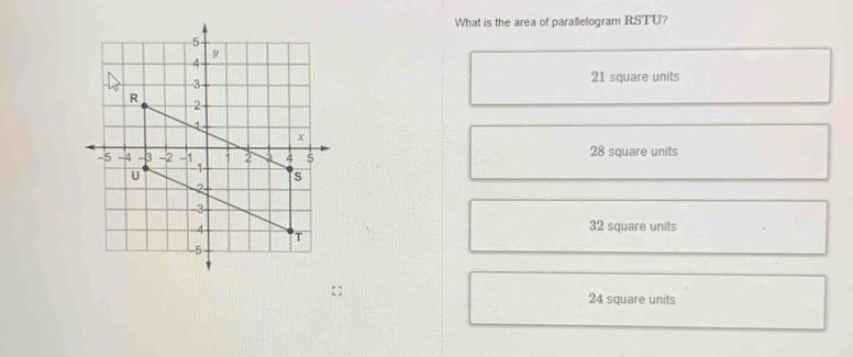 What is the area of parallelogram RSTU?
5
y
4
3
21 square units
R 2
1
x
-5 -4 -3 -2 -1 1 i 2 3 4 5 28 square units
U
s
2
-3
4 32 square units
T
-5
24 square units