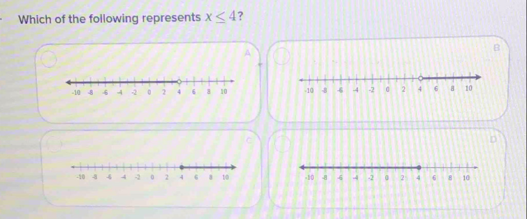 Which of the following represents x≤ 4 ? 
A 
B 

C