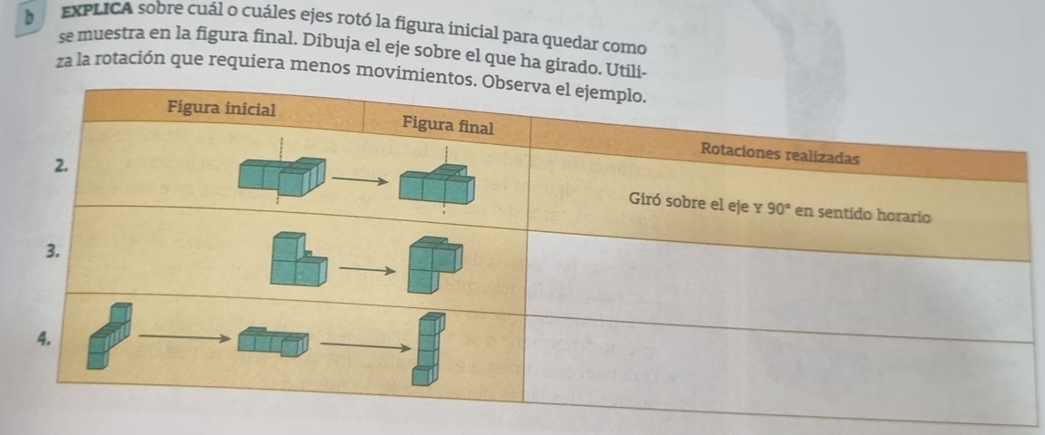 EXPLICA sobre cuál o cuáles ejes rotó la figura inicial para quedar como
se muestra en la figura final. Dibuja el eje sobre el que ha girado. Ut
za la rotación que requiera menos m