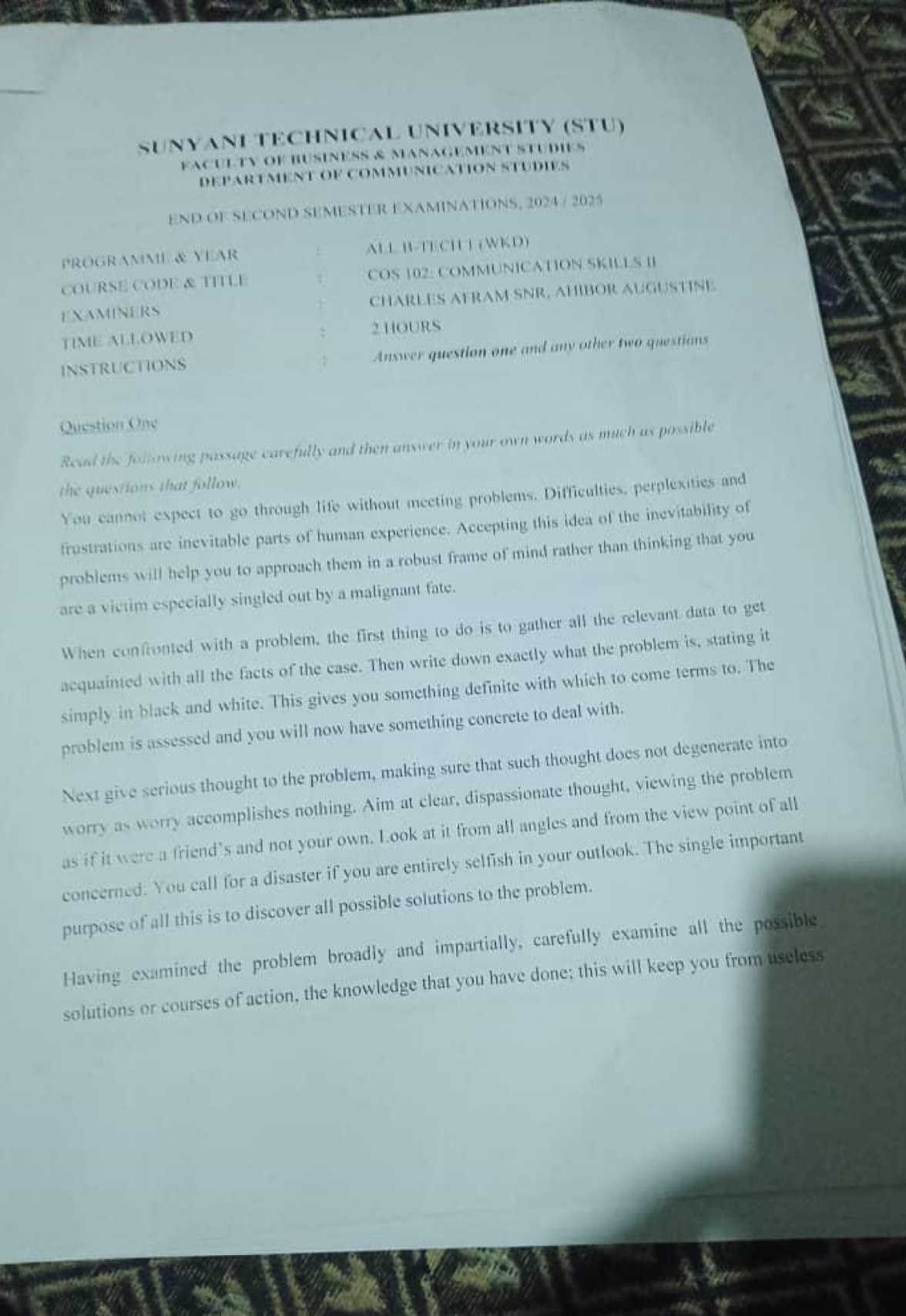 Solved: SUNYANI TECHNICAL UNIVERSITY (STU) FACULTY OF BUSINESS ...