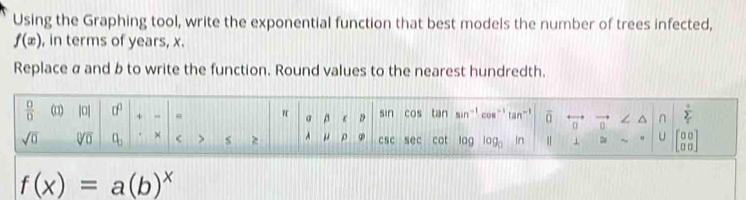 Using the Graphing tool, write the exponential function that best models the number of trees infected,
f(x) , in terms of years, x. 
Replace a and b to write the function. Round values to the nearest hundredth. 
 □ /□   (n) |0| 0° + α a ε D sin cos tan sin^(-1) cos^(-1)tan^(-1) overline 0 6 vector 0 ∠ n sumlimits _i
π
u
sqrt(0) sqrt[□](□ ) q_3 ' × < > s “ csc sec cot log log _0in beginbmatrix 00 00endbmatrix
f(x)=a(b)^x