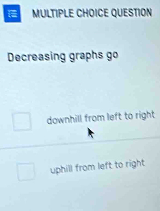 QUESTION
Decreasing graphs go
downhill from left to right
uphill from left to right