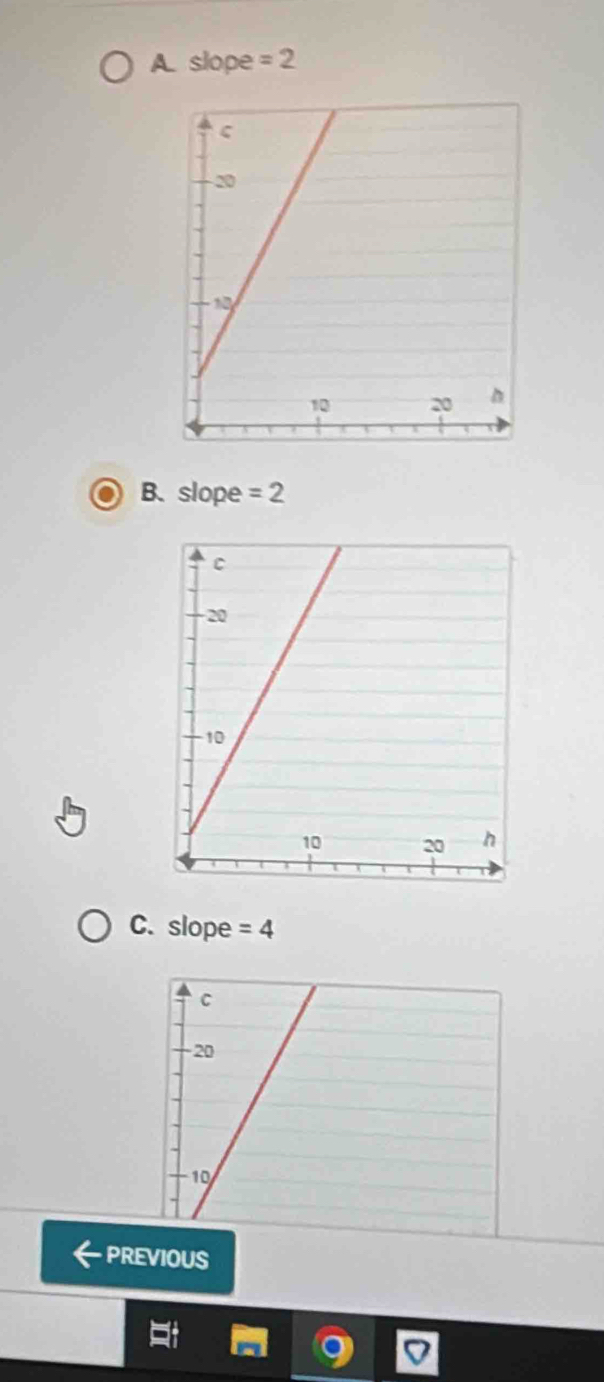 A. slope =2
B. slope =2
C. slope =4
PREVIOUS