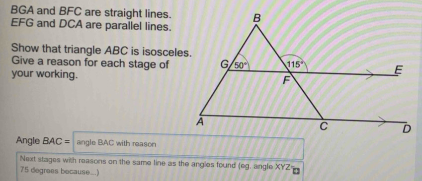 Solved: BGA and BFC are straight lines. EFG and DCA are parallel lines ...