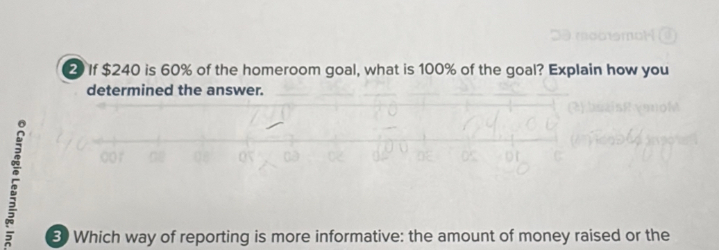 If $240 is 60% of the homeroom goal, what is 100% of the goal? Explain how you 
determined the answer. 
3 Which way of reporting is more informative: the amount of money raised or the