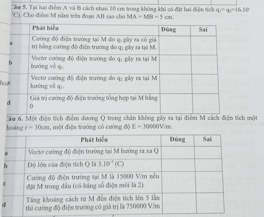 Tại hai điểm A và B cách nhau 10 cm trong không khí có đặt hai điện tích q_1=q_2=16.10^-
(C). Cho điểm M nằm trên đoạn AB sao cho MA=MB=5cm.
ho
đầu 6. Một điện tích điểm dương Q trong chân không gây ra tại điểm M ch một
hoáng r=30cm , một điện trường có cường độ E=30000V/m.
c
d