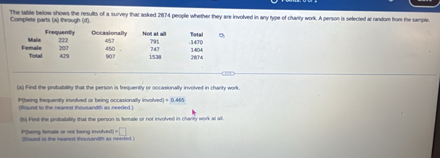 The table below shows the results of a survey that asked 2874 people whether they are involved in any type of charity work. A person is selected at random from the sample. 
Complete parts (a) through (d). 
Frequently Occasionally Not at all Total 
Male 222 457 791 .1470
Female 207 450 747 1404
Total 429 907 1538 2874
(a) Find the probability that the person is frequently or occasionally involved in charity work.
P (being frequently involved or being occasionally involved) =0.465
(Round to the nearest thousandth as needed.) 
(b) Find the probability that the person is female or not involved in charity work at all. 
P(being female or not being involved) =□
(Round to the nearest thousandth as needed.)