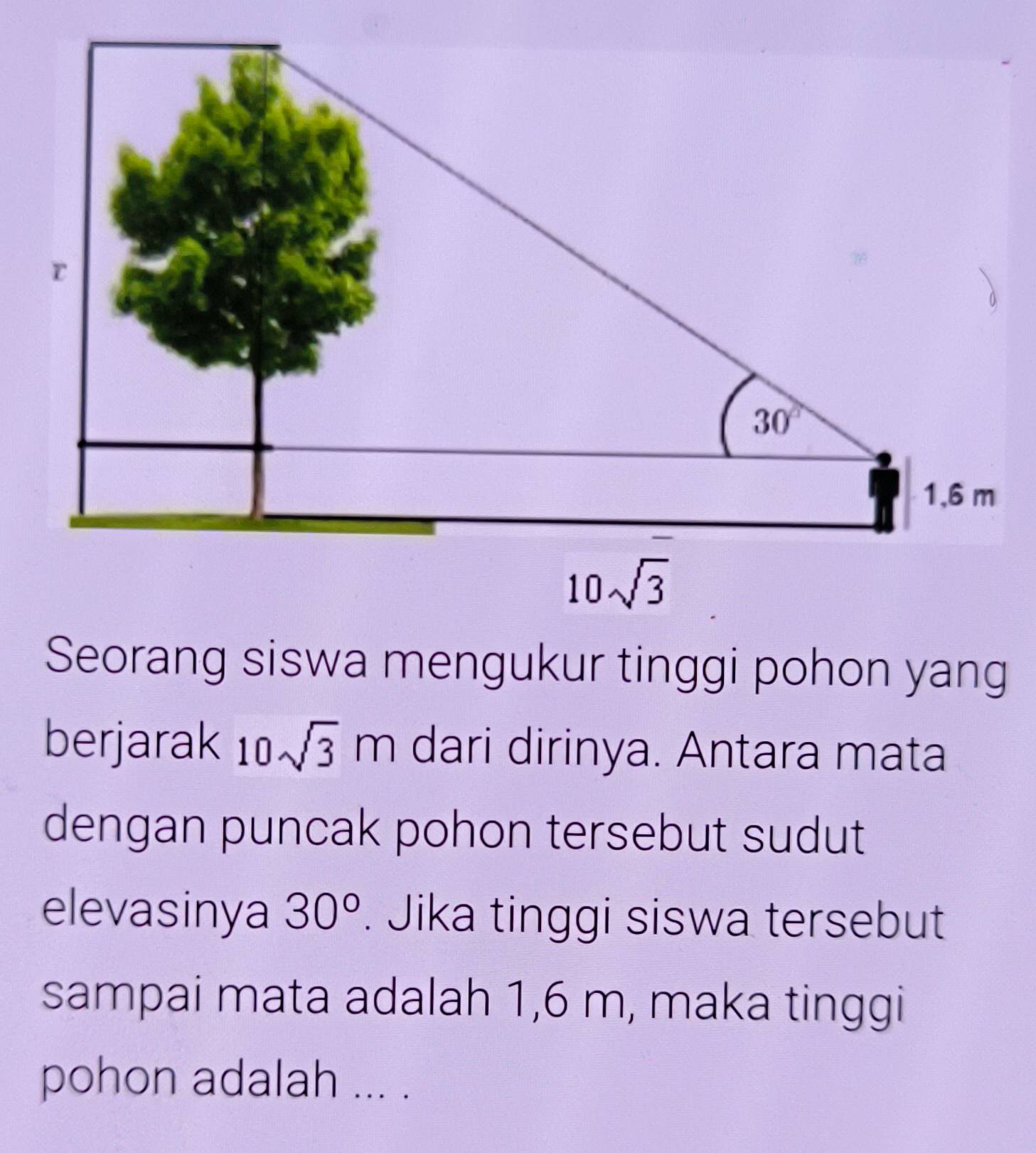 berjarak 10sqrt(3)m dari dirinya. Antara mata
dengan puncak pohon tersebut sudut
elevasinya 30°. Jika tinggi siswa tersebut
sampai mata adalah 1,6 m, maka tinggi
pohon adalah ... .