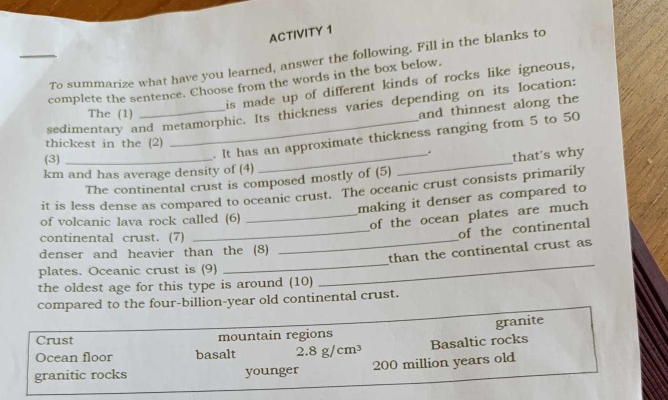 ACTIVITY 1
To summarize what have you learned, answer the following. Fill in the blanks to
complete the sentence. Choose from the words in the box below.
is made up of different kinds of rocks like igneous,
sedimentary and metamorphic. Its thickness varies depending on its location:
The (1)
and thinnest along the
. It has an approximate thickness ranging from 5 to 50
thickest in the (2)
.
(3)_
km and has average density of (4)
The continental crust is composed mostly of (5) _that's why
it is less dense as compared to oceanic crust. The oceanic crust consists primarily
making it denser as compared to
of volcanic lava rock called (6)
_of the ocean plates are much 
continental crust. (7)_
_of the continental
than the continental crust as
denser and heavier than the (8)
plates. Oceanic crust is (9)
__
the oldest age for this type is around (10)
compared to the four-billion-year old continental crust.
granite
Crust mountain regions
Ocean floor basalt 2.8 g/cm³ Basaltic rocks
granitic rocks younger 200 million years old