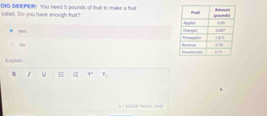 DIG DEEPER! You need 5 pounds of fruit to make a fruit
salad. Do you have enough fruit?
yes
no 
Explain.
B I i= T° T_1
0 / 10000 Ward Limit