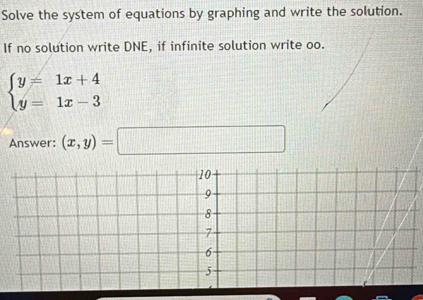 Solve the system of equations by graphing and write the solution.
If no solution write DNE, if infinite solution write oo.
beginarrayl y=1x+4 y=1x-3endarray.
Answer: (x,y)=□