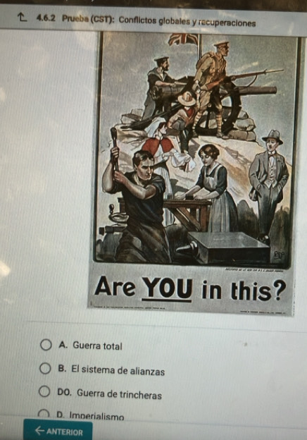 Prueba (CST): Conflictos globales y recuperaciones
A. Guerra total
B. El sistema de alianzas
DO. Guerra de trincheras
D. Imperialismo
ANTERIOR
