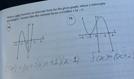 Write a cubic function in intercept form for the given grapl hose x-intercepts 
are integers. Assume that the constant factor a is either 1 or -1
15. 
14.