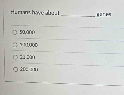 Humans have about _genes
50,000
100,000
21,000
200,000