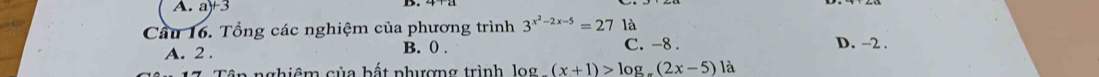 a .a)+3 
Cầu 16. Tổng các nghiệm của phương trình 3^(x^2)-2x-5=27 là D. -2.
A. 2. B. () . C. -8.
Tập nghiêm của bất phượng trình, log (x+1)>log _-(2x-5)la