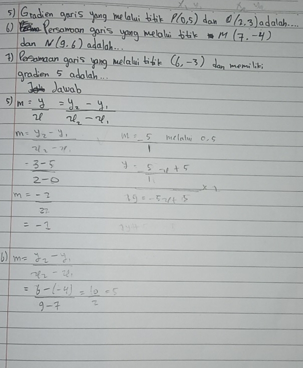 Gradien garis yang melalui titik P(0,5) dan Q(2,3) adalah. . . 
6) Persomoan garis yang melalui titik M(7,-4)
dan N(9,6) adalah. . . 
1) Persamaan garis yang melalui titik (6,-3) dan memilik; 
gradien 5 adalah. . . 
Jawab 
5) m= y/x =frac y_2-y_1x_2-x_1
m=frac y_2-y_1x-x_1 m=- 5/1  melalw o, 5
 (-3-5)/2-0 
y=- 5/1 x+5
_ * 1
m= (-2)/22 
19=-5y+15
=-1
6) m=frac y_2-y_1x_2-x_1
= (6-(-4))/9-7 = 10/2 =5