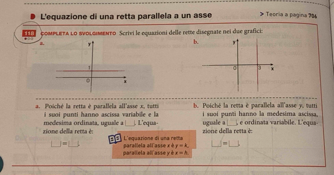 L’equazione di una retta parallela a un asse Teoria a pagina 706
118 COMPLETA LO sVOLGIMENTO Scrivi le equazioni delle rette disegnate nei due grafici: 
●○ 
a. 
b. y
0 3 x
a. Poiché la retta è parallela all’asse x, tutti b. Poiché la retta è parallela all'asse y, tutti 
i suoi punti hanno ascissa variabile e la i suoi punti hanno la medesima ascissa, 
medesima ordinata, uguale a_ L’equa- uguale a □ , e ordinata variabile. L’equa- 
zione della retta è: zione della retta è: 
L'equazione di una retta
□ =□. parallela all'asse x è y=k, □ =□. 
parallela all'asse y è x=h.