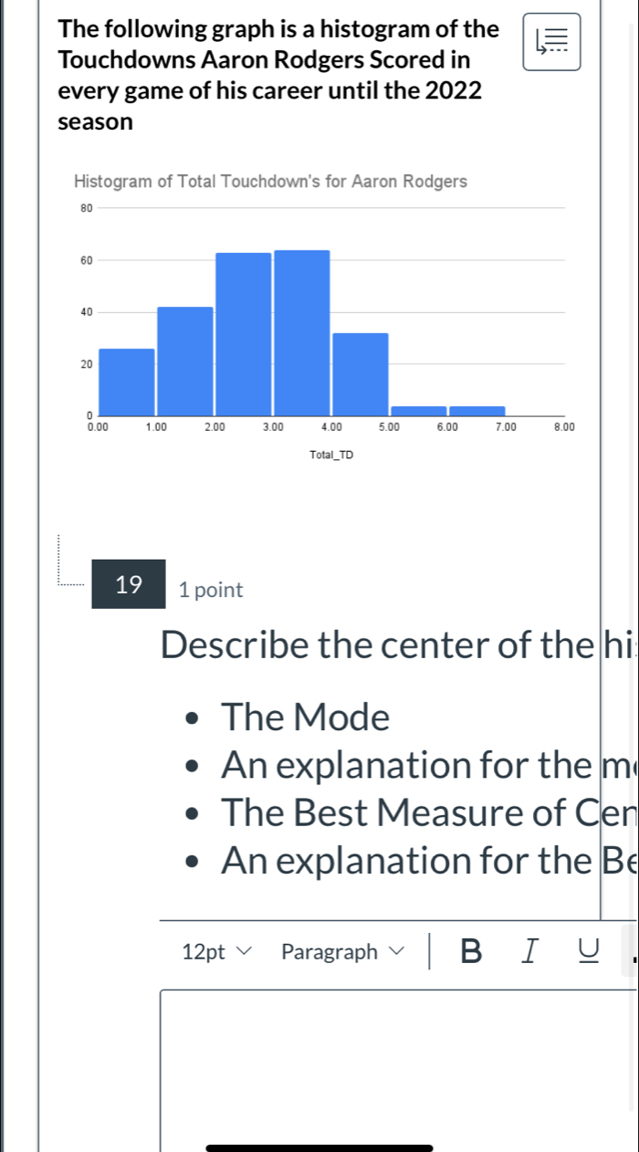 The following graph is a histogram of the 
Touchdowns Aaron Rodgers Scored in 
every game of his career until the 2022 
season 
19 1 point 
Describe the center of the hi 
The Mode 
An explanation for the m 
The Best Measure of Cen 
An explanation for the Be 
12pt Paragraph B I U