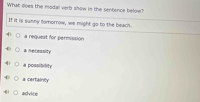 What does the modal verb show in the sentence below?
If it is sunny tomorrow, we might go to the beach.
a request for permission
a necessity
a possibility
a certainty
advice