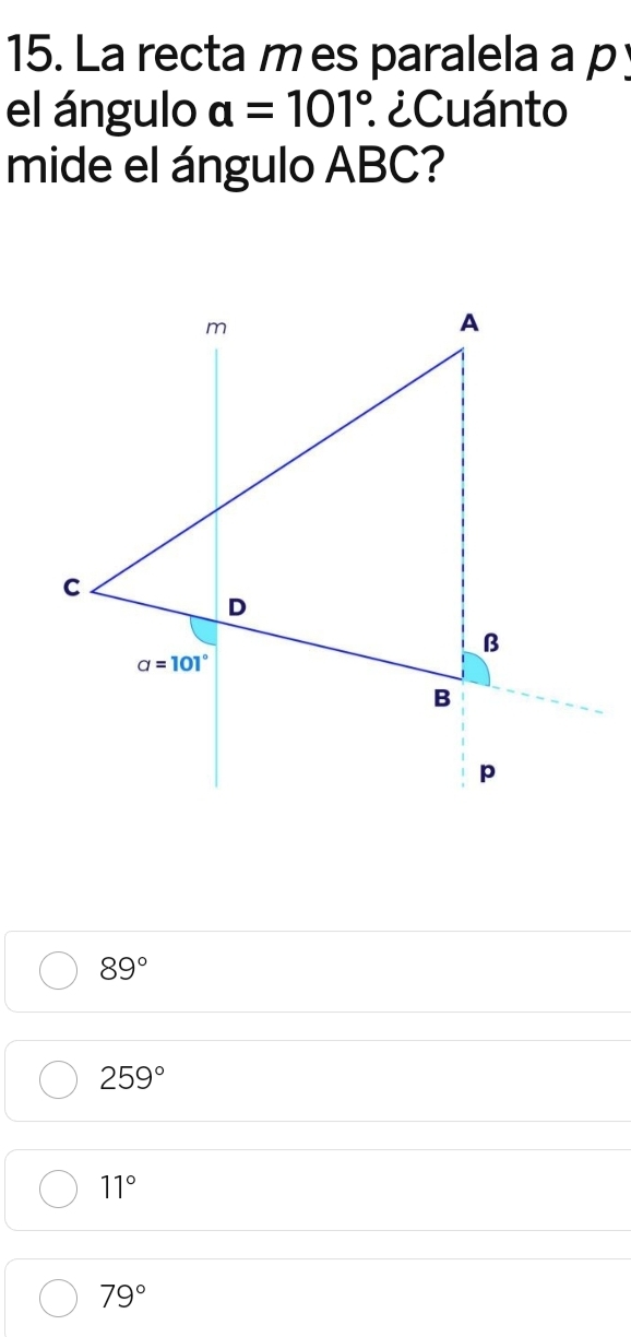 Resuelto:La recta m es paralela a p el ángulo a=101°. ¿Cuánto mide el ...
