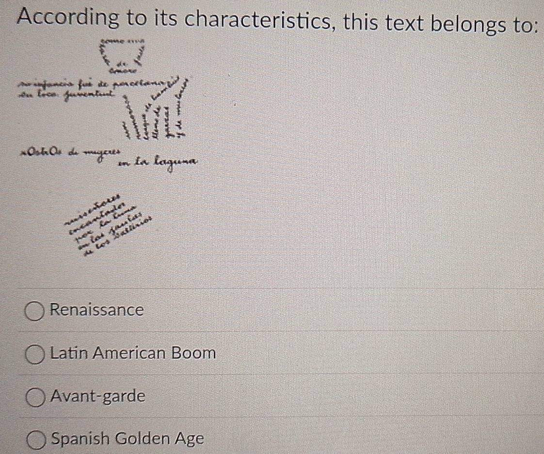 According to its characteristics, this text belongs to:
L
Ostrãs da muyeres
en la laguna
Renaissance
Latin American Boom
Avant-garde
Spanish Golden Age