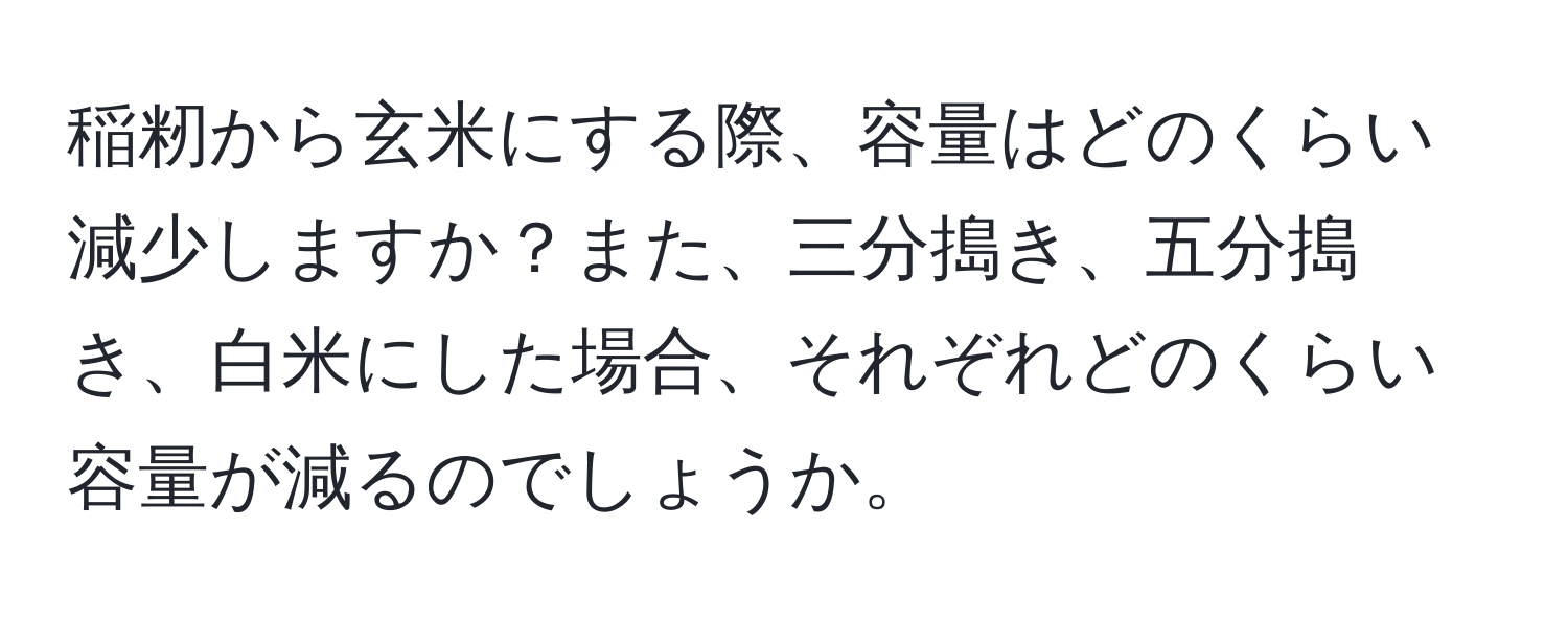 稲籾から玄米にする際、容量はどのくらい減少しますか？また、三分搗き、五分搗き、白米にした場合、それぞれどのくらい容量が減るのでしょうか。