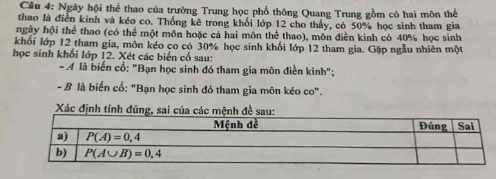 Ngày hội thể thao của trường Trung học phổ thông Quang Trung gồm có hai môn thể
thao là điển kinh và kéo co. Thống kê trong khối lớp 12 cho thấy, có 50% học sinh tham gia
ngày hội thể thao (có thể một môn hoặc cả hai môn thể thao), môn điền kinh có 40% học sinh
khối lớp 12 tham gia, môn kéo co có 30% học sinh khối lớp 12 tham gia. Gặp ngẫu nhiên một
học sinh khối lớp 12. Xét các biến cố sau:
- A là biến cố: "Bạn học sinh đó tham gia môn điền kinh";
- B là biến cố: "Bạn học sinh đó tham gia môn kéo co".
Xác định tính đúng, sai của các mệnh đề sau: