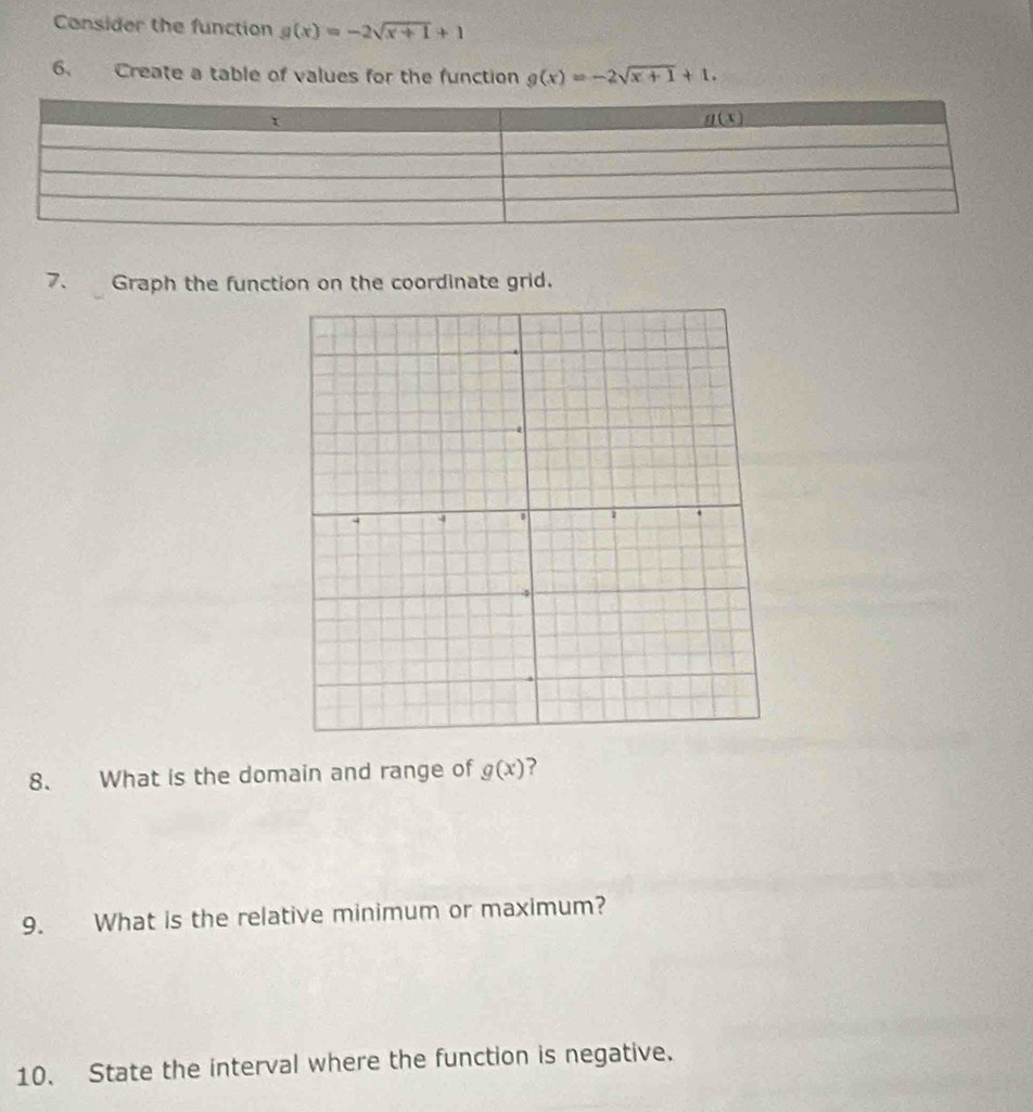 Consider the function g(x)=-2sqrt(x+1)+1
6. Create a table of values for the function g(x)=-2sqrt(x+1)+1.
7.  Graph the function on the coordinate grid.
8. What is the domain and range of g(x) ?
9. What is the relative minimum or maximum?
10. State the interval where the function is negative.