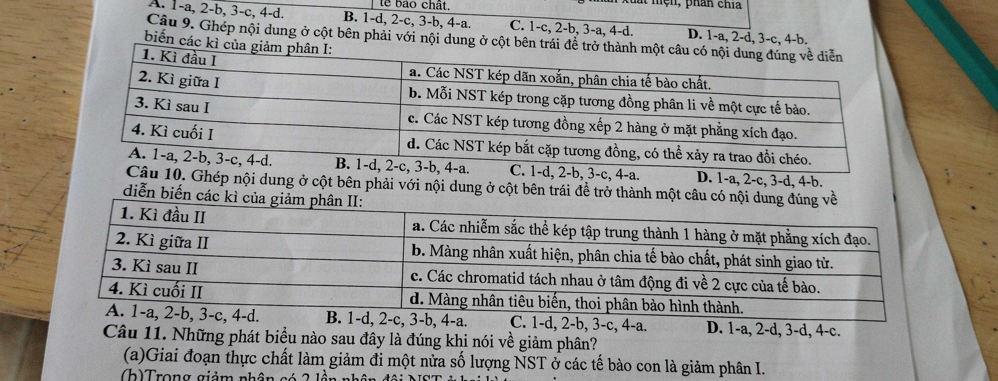 le bão chất.
mện, phan chía
A. 1 -a, 2 -b, 3 -c, 4 -d. B. 1 -d, 2 -c, 3 -b, 4 -a. C. 1 -c, 2 -b, 3 -a, 4 -d. D. 1 -a, 2 -d, 3 -c, 4-b,
Câu 9. Ghép nội dung ở cột bên phải với nội dung ở cột bên trái để trở thành 
biến các kì của giảm
-a. D. 1 -a, 2 -c, 3 -d, 4 -b.
0. Ghép nội dung ở cột bên phải với nội dung ở cột bên trái để trở thành một câu có nội duề
diễn biến các kì của
C. 1 -d, 2 -b, 3 -c, 4 -a. D. 1 -a, 2 -d, 3 -d, 4 -c.
Câu 11. Những phát biểu nào sau đây là đúng khi nói về giảm phân?
(a)Giai đoạn thực chất làm giảm đi một nửa số lượng NST ở các tế bào con là giảm phân I.
(h) Trong giảm phân có 2 lần nh