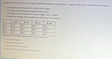 A student wareed to see if the color of water impacted the increase in temperature, in degrees Celsius (''C), after 30 minutes in the Sun.
Three beakers were filled with 50 milliliters. (mL) I o water
Five drops of food coloring were added to sach beaker.
The beakers were then placed on a window ledge in direct sunlight.
Temperature readings were recorded every 10 minutes for 30 minutes
n this experiment?
#n cko of in m
_ o t _
the wneant of womer in each breakan
the arart of me each beaer was epcaed to muclghs