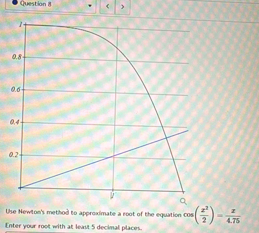 < >
1
0.8
0.6
0.4
0.2
Use Newton's method to approximate a root of the equation cos ( x^2/2 )= x/4.75 
Enter your root with at least 5 decimal places.