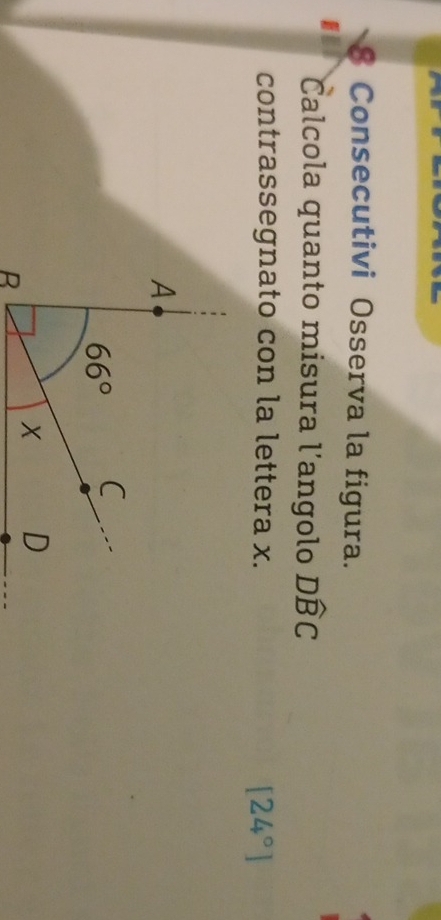 Consecutivi Osserva la figura.
Calcola quanto misura l’angolo Dwidehat BC
contrassegnato con la lettera x.
[24°]
B