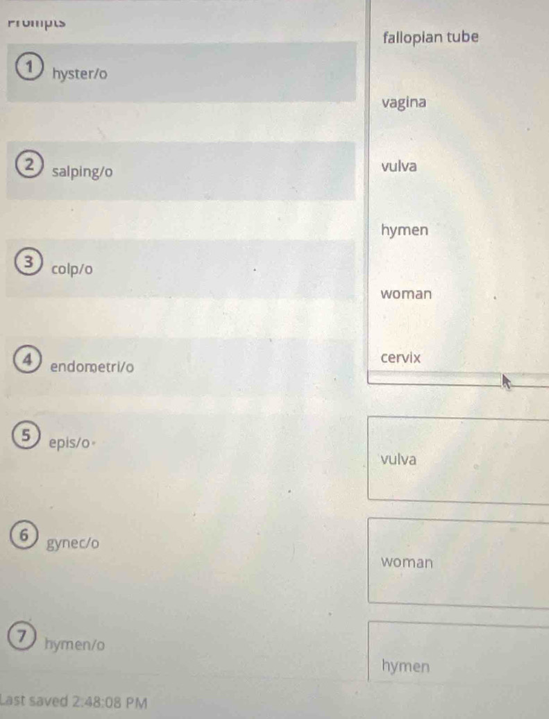 Prompts
fallopian tube
1 hyster/o
vagina
2 salping/o
vulva
hymen
3) colp/o
woman
4) endometri/o
cervix
5 epis/o。
vulva
6 gynec/o
woman
7 hymen/o
hymen
Last saved 2:48:08 PM