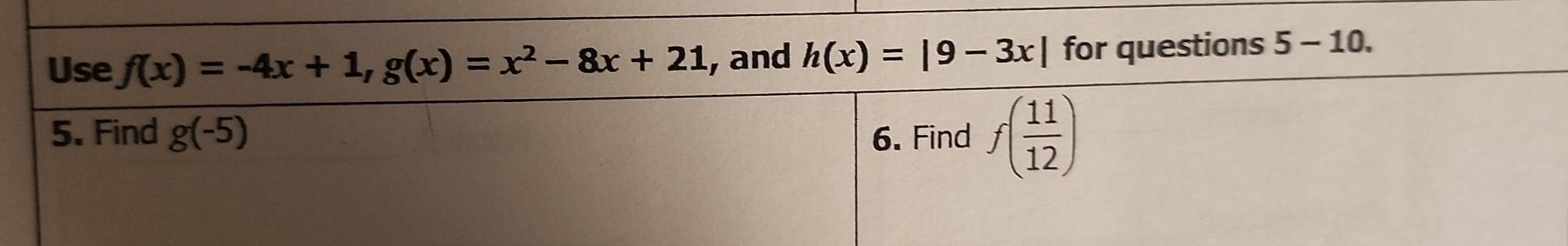 h(x)=|9-3x| for questions 5-10.