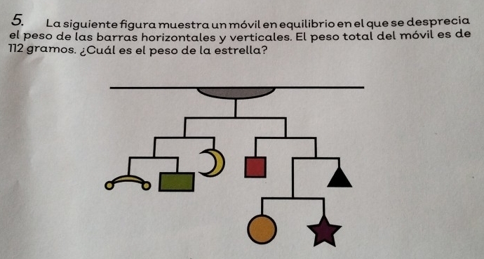 La siguiente figura muestra un móvil en equilibrio en el que se desprecia 
el peso de las barras horizontales y verticales. El peso total del móvil es de
112 gramos. ¿Cuál es el peso de la estrella?