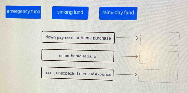 emergency fund sinking fund rainy-day fund
down payment for home purchase
minor home repairs
major, unexpected medical expense