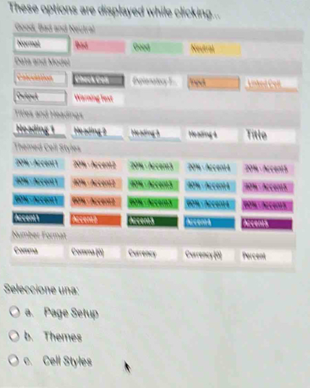 Normal Bad Neutral
Data and Model
Warning Text
H e ading 
Cora fü Currency Percent
Seleccione una:
a. Page Setup
Themes
C Cell Styles