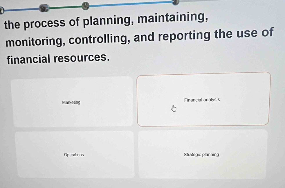 the process of planning, maintaining, 
monitoring, controlling, and reporting the use of 
financial resources. 
Marketing Financial analysis 
Operations Strategic planning