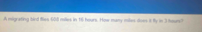 A migrating bird flies 608 miles in 16 hours. How many miles does it fly in 3 hours?