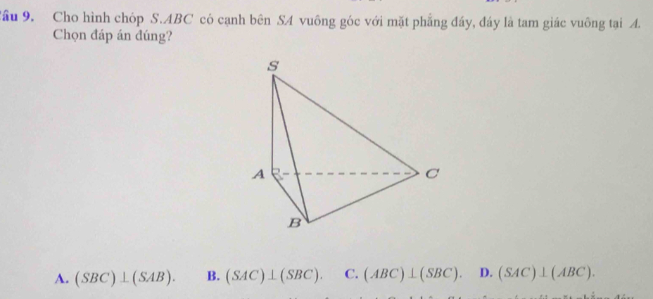 Cầu 9. Cho hình chóp S. ABC có cạnh bên SA vuông góc với mặt phẳng đáy, đáy là tam giác vuông tại A.
Chọn đáp án đúng?
A. (SBC)⊥ (SAB). B. (SAC)⊥ (SBC). C. (ABC)⊥ (SBC). D. (SAC)⊥ (ABC).