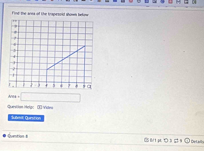 Find the area of the trapezoid shown below 
Area =□
Question Help: Video 
Submit Question 
Question 8 0/1 pt つ 3 $ 9 ① Details