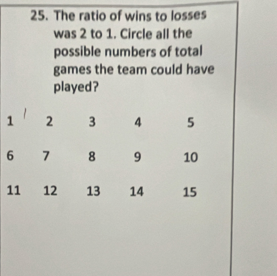 The ratio of wins to losses 
was 2 to 1. Circle all the 
possible numbers of total 
games the team could have 
played?