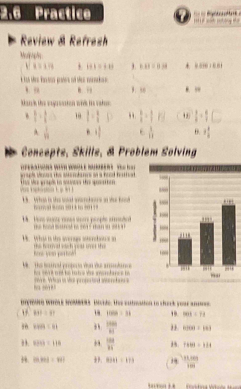 2.6 Práctic a a 
HE F with seting thể 
Review & Refresh
Mujriph
V B≌ a,vector 8
191=610 3 8.03=0.08 A 9.82018.81
List the fastor pairs of the number.
□ RII B. 98
Maich the expression with his value:
 11/9 /  4/11  d) 10 [- 3/2  1/2 = □ /□   11.  8/8 *  4/7  □ 1  3/8 /  8/7  |
A.  3/10  1 4/7  ∈  5/11  2 4/8 
B □ 
θ.
Concepts, Skills, & Problem Solving
Dfraton W ith W the bay

the the graph to ansn 
* an K aphägin at 1, p 9 1 3 
13. What is the total attendanes at the food
hsutal hom s0 1 a io 20 1 ? 
14. Hmy many tmes more people attended 
the food hestival in 2017 than in 2014.
1. What is the average attendancs a a
the lestval each year over the
fou year period? 
a
18. The iestival projects that the attendancs
hi st will hs ha h s t ena nes i
s t . W hat is the pror
hn 2018°
BiviBing WHoLE NUMBERs Divide: Use estimation to theck your answer.
BA=BC 18. 1088+31 19. 903≤ 72
20. 81099=81.1  1000/83 
0200=103
 888/84 
a B. 0888=118 ： 7440/ 124
98. 98,864=487 29. 8941=173 B  (181,809)/100 
ection 3.8 Dividing Whole Numi