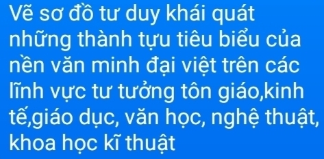 Vẽ sơ đồ tư duy khái quát 
những thành tựu tiêu biểu của 
nền văn minh đại việt trên các 
lĩnh vực tư tưởng tôn giáo,kinh 
tế,giáo dục, văn học, nghệ thuật, 
khoa học kĩ thuật