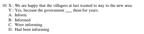 We are happy that the villagers at last wanted to stay to the new area.
Y : Yes, because the government _them for years.
A. Inform
B. Informed
C. Were informing
D. Had been informing