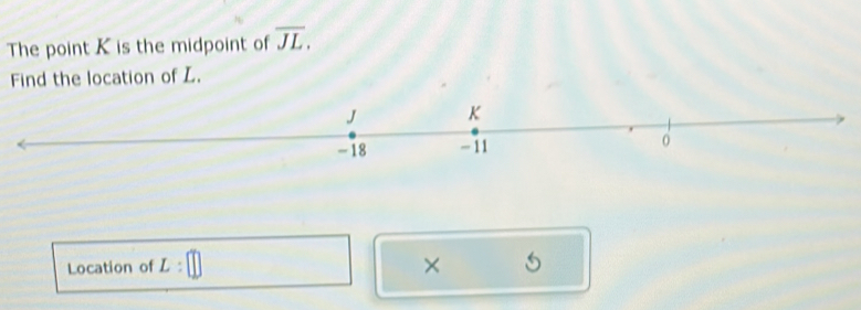 The point K is the midpoint of overline JL. 
Find the location of L. 
Location of L : □ ×