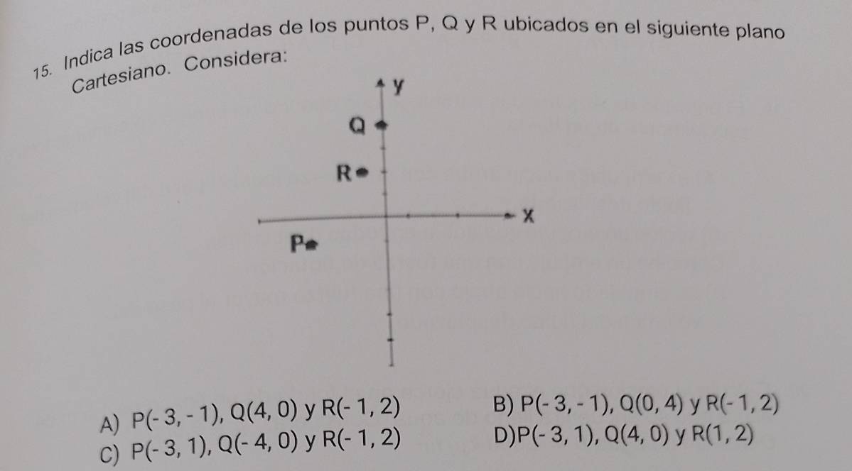 Indica las coordenadas de los puntos P, Q y R ubicados en el siguiente plano
Cartesiano. Considera:
A) P(-3,-1),Q(4,0) y R(-1,2)
B) P(-3,-1),Q(0,4) y R(-1,2)
C) P(-3,1),Q(-4,0) y R(-1,2)
D) P(-3,1),Q(4,0) y R(1,2)